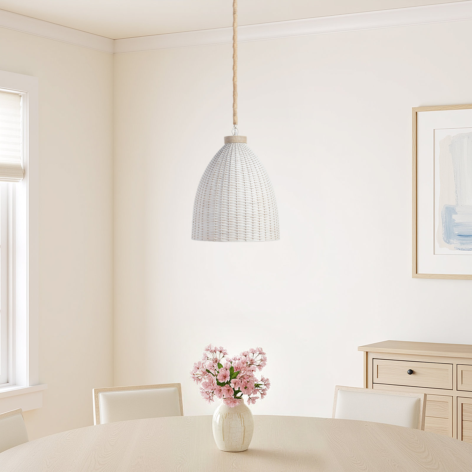Olsen Single Light Rattan Dimmable Pendant, 92" H x 30" W x 30" D, White