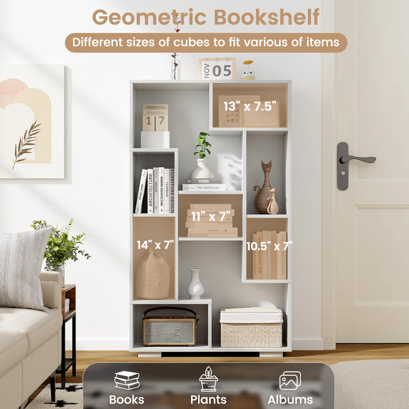 Topbuy Geometric Bookshelf 47-Inch Bookcase w/ Multiple Open Shelves Anti-Tipping Devices, White