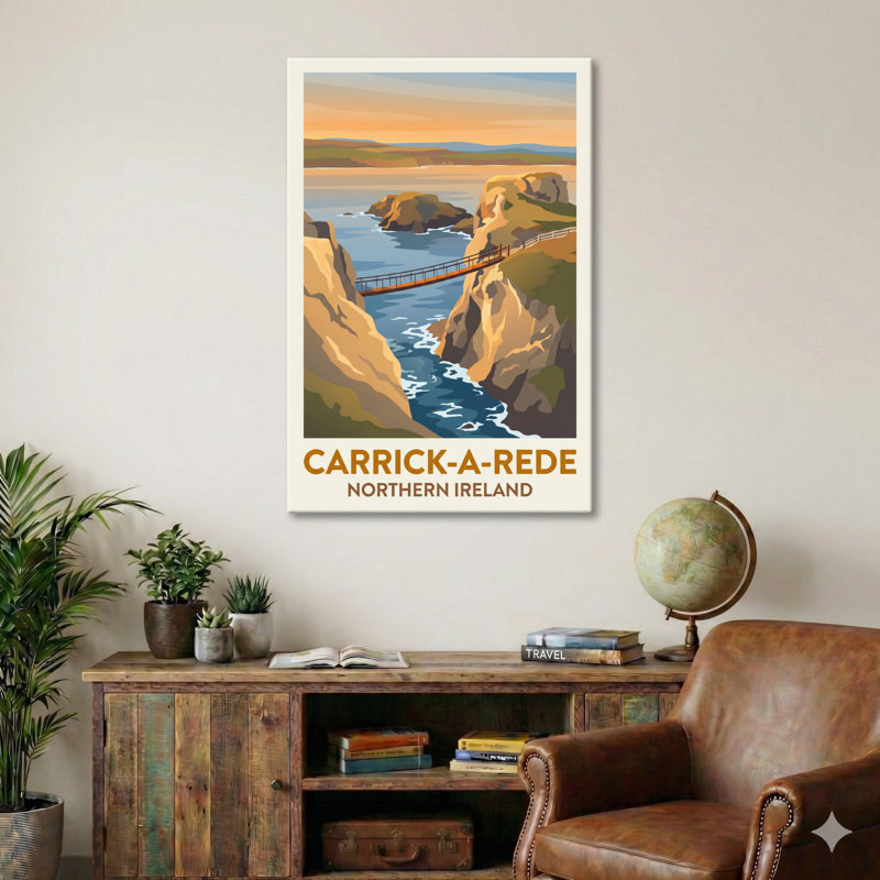Carrick-a-Rede, Northern Ireland - Romantic Rope-Bridge Travel Poster Of The Antrim Coast. Giclee Print On Wrapped Canvas. Wall Art, Home Decor - Coastal & Maritime, Northern Ireland - Wrapped Canvas Print
