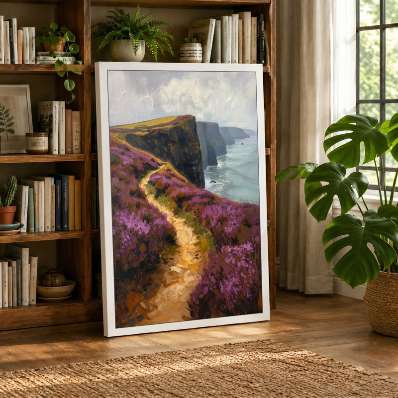 Heather Path to Cliffs Coastal - Wrapped Canvas, 18x12 - 45.7 x 30.5 cm, Teal Border