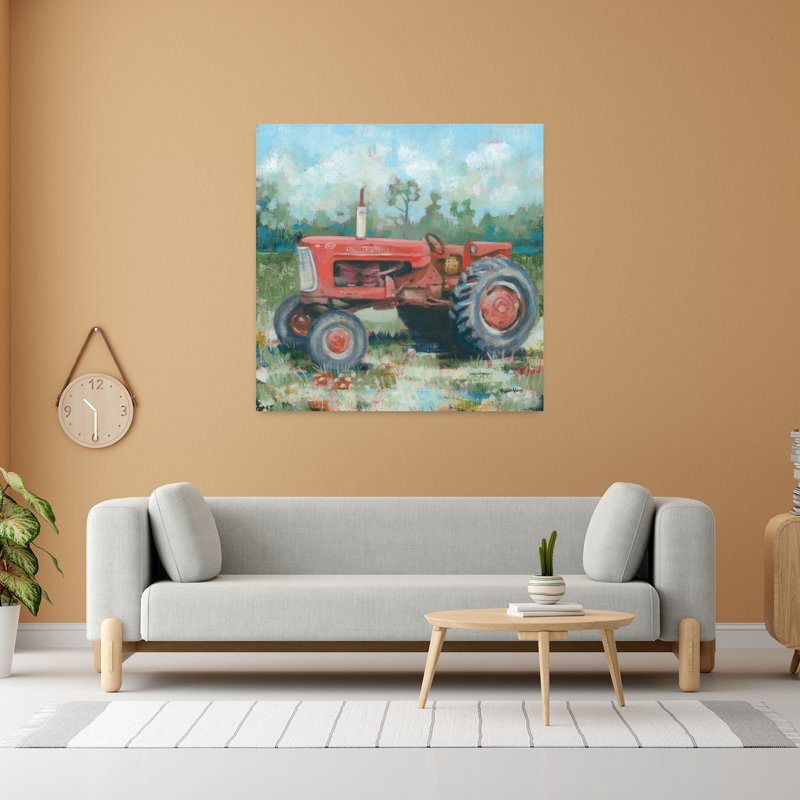 «Red Tractor Abstract Contemporary Landscape Nature», art mural, H 48 po x l 48 po