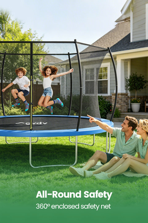 Two children jump on a backyard trampoline with a 360-degree safety net while parents watch from the grass, with text reading All-Round Safety and 360-degree enclosed safety net.