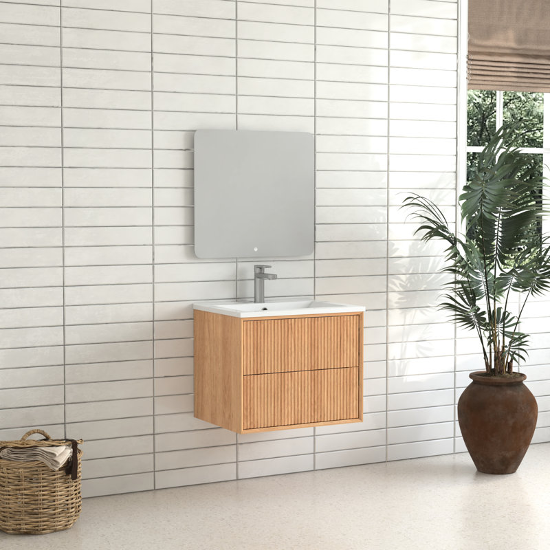 Armoire de salle de bain flottante en bois massif 24 po 24 po, fixée au mur avec 2 tiroirs rainurés, lavabo en résine blanche, style américain, meuble-lavabo de 19,35 po de hauteur, vasque de rangement intégrée, design,