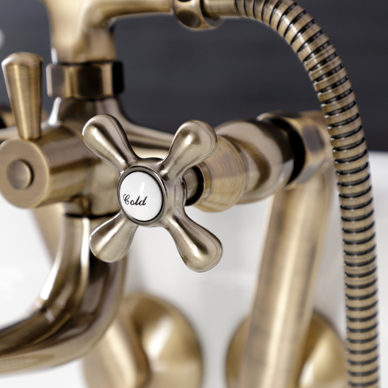 Kingston Brass Kingston Three-Handle 2-Hole Tub Wall Mount Clawfoot Tub Faucet with Handshower, Antique Brass
