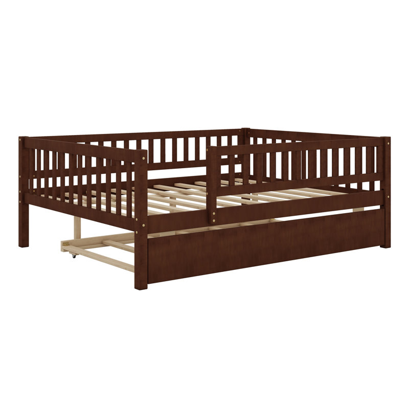 Wood Daybed With Trundle And Fence Guardrails, Walnut
