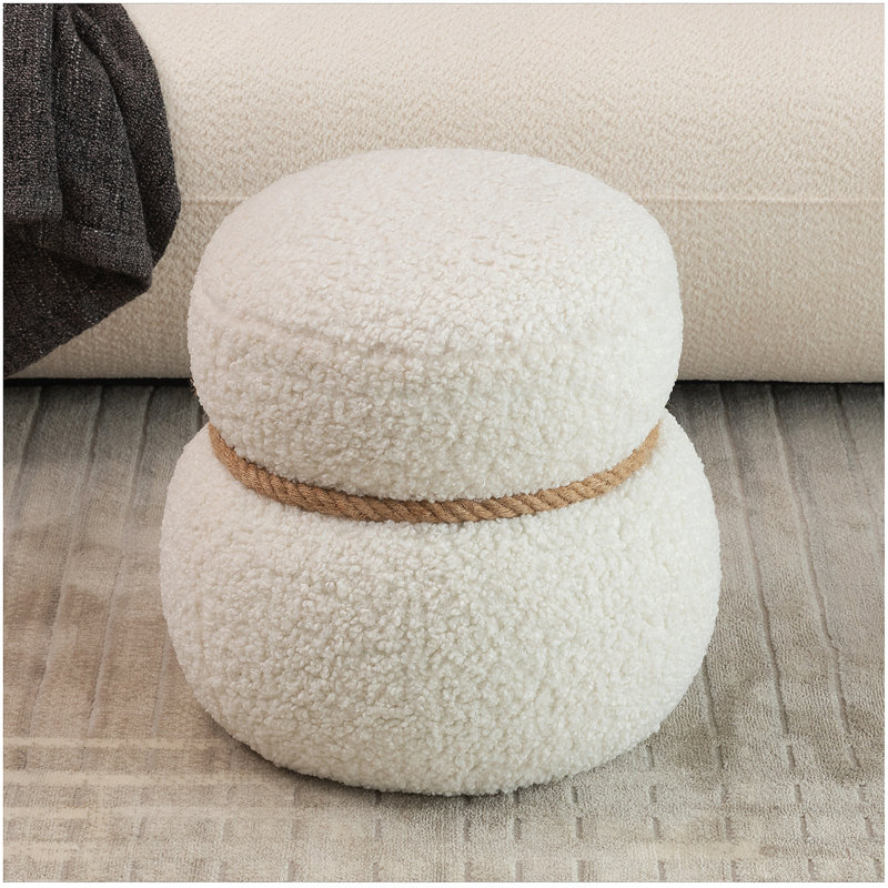 Round Upholstered Broadcloth Pleat Ottoman, White