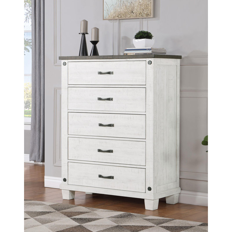 Commode de chambre à 5 tiroirs blanc vieilli