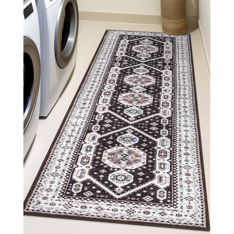 Dery Black Tribal Medallion Durable Non-Skid Washable Area Rug, Runner 2'7" x 9'10"