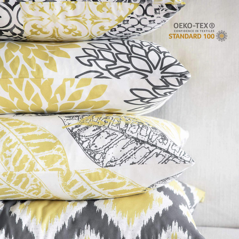 Yellow and Gray Geometric Polyester Square Throw Pillow Set