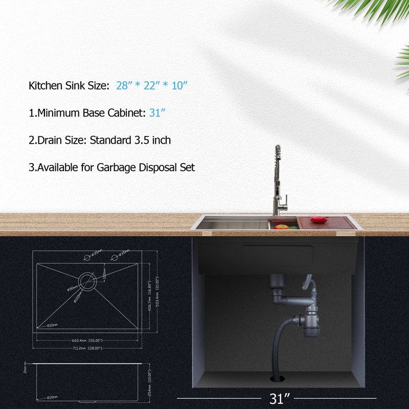 28'' L Single Bowl Stainless Steel Kitchen Sink