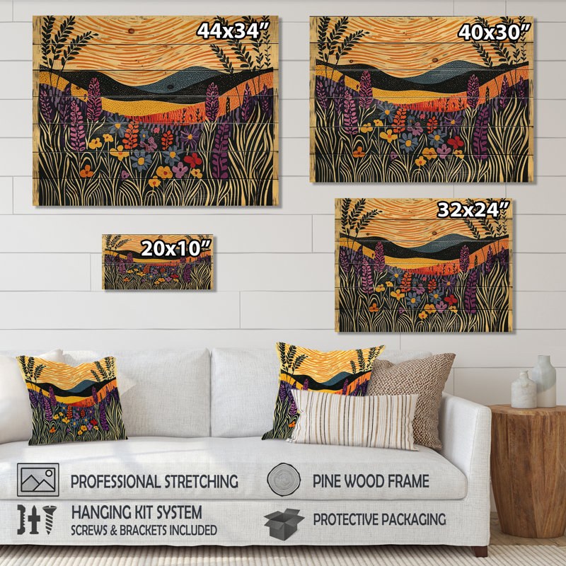Mosaïque de prairie optique Horizon II - décoration murale en bois de prairie - sur bois de pin naturel