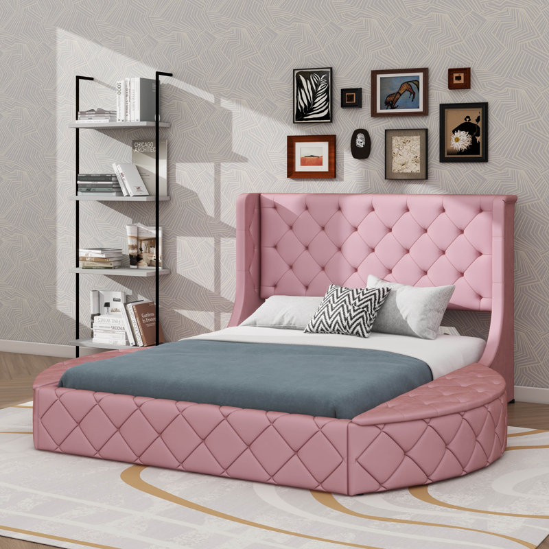 Lit plateforme tapissier avec tête de lit à oreilles, grand tiroir et 2 tabourets de rangement latéraux, Rose