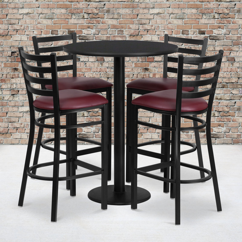 Aniket 30'' Round Laminate Table Set with Round Base and 4 Ladder Back Metal Barstools, Black Faux Leather, Burgundy