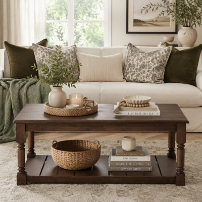 Farmhouse Wooden Coffee Table with Slatted Lower Shelf and Turned Legs in Dark Finish
