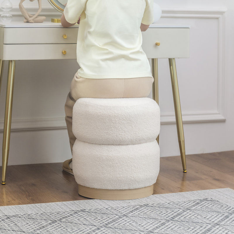 Round Upholstered Ottoman Stool, White Teddy