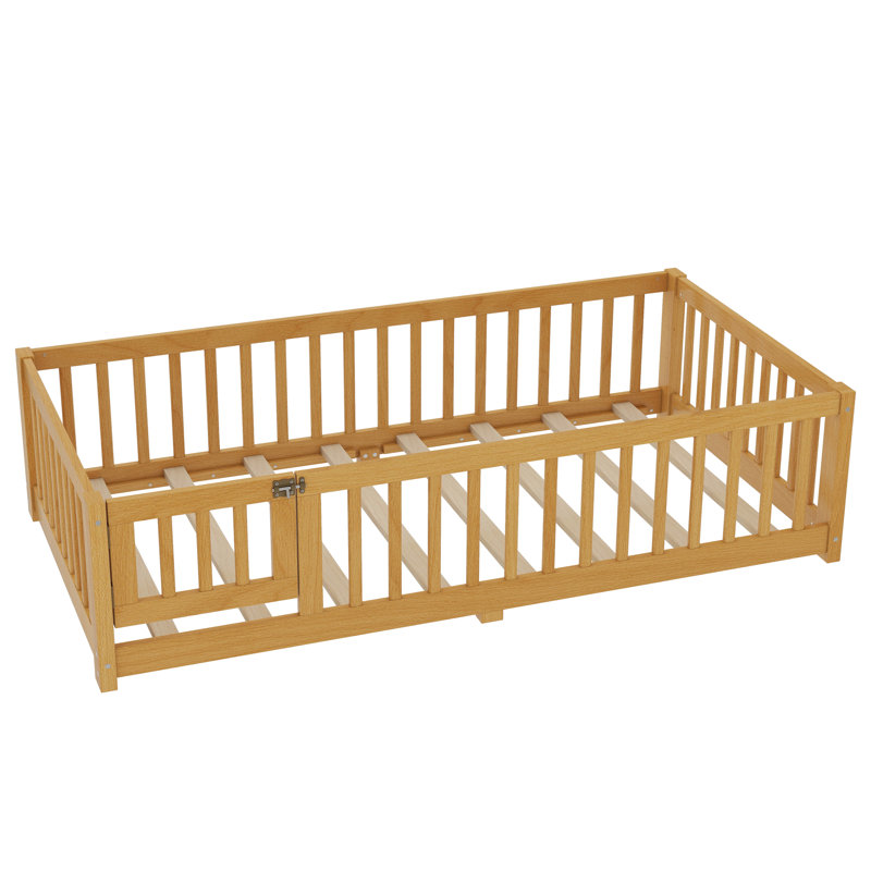 Iyania Kids Platform Floor Bed With Safety Guardrails And Door For Bedrooms, Natural, Twin