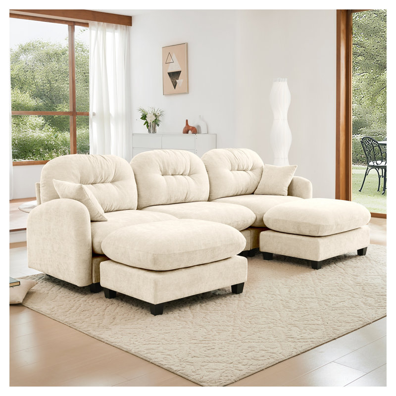 Canapé modulaire beige en chenille modulaire avec repose-pieds, canapé en U à 3 places avec coussins décoratifs pour espaces de vie