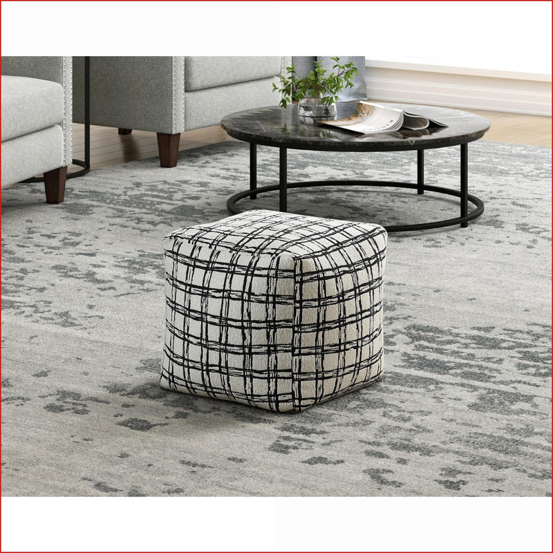 Ottoman, Modern Square Black White Patterned Jacquard Fabric Pouf, Non-Slip Bean Bag Chair, 16x16x16 | Black White | Textile Upholstered