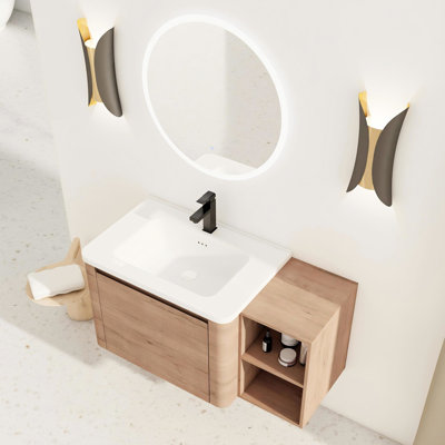 Meuble-lavabo mural contemporain de 40 po avec lavabo en céramique blanc, tablettes de rangement supplémentaires et 1 porte à fermeture en douceur, emballage Kd, contreplaqué, surface lisse facile à nettoyer, tablettes aux bords arrondis
