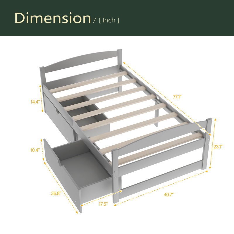 Lit plateforme avec deux tiroirs, Gris