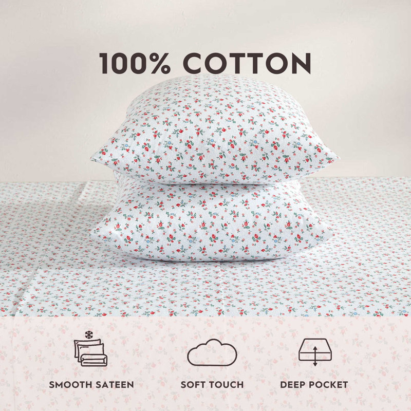 Twin White Floral Cotton Percale Sheet Set