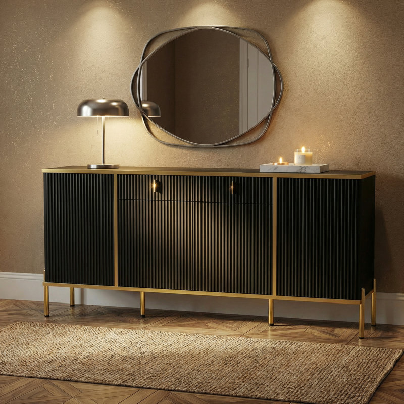 Buffet 60 "moderne cannelé avec accents dorés, armoire de rangement noire pour le salon, Noir