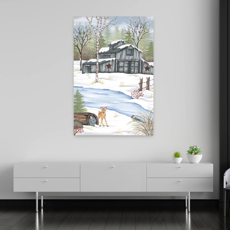 Gris, gris, contemporain, lapin, cerf, paysage, hiver, art, H 60 po x l 40 po