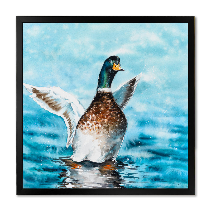 Canard colvert étirant ses ailes - sur, H 16 po x l 16 po x P 1 po, Impression noire sur toile encadrée