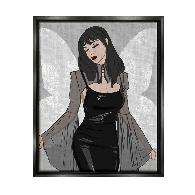 «Goth Fashion Girl Botanical Pattern» par Sally Swatland - impression, Cadre flottant noir de jais