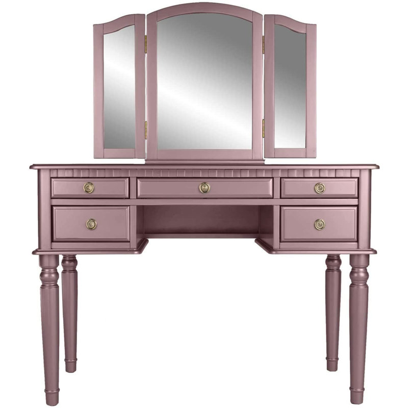 Meuble-lavabo rose doré, miroir pliable trois pièces, cinq tiroirs et un tabouret rond rembourré gris, matériau principal en bois d'hévéa massif avec placage de bouleau