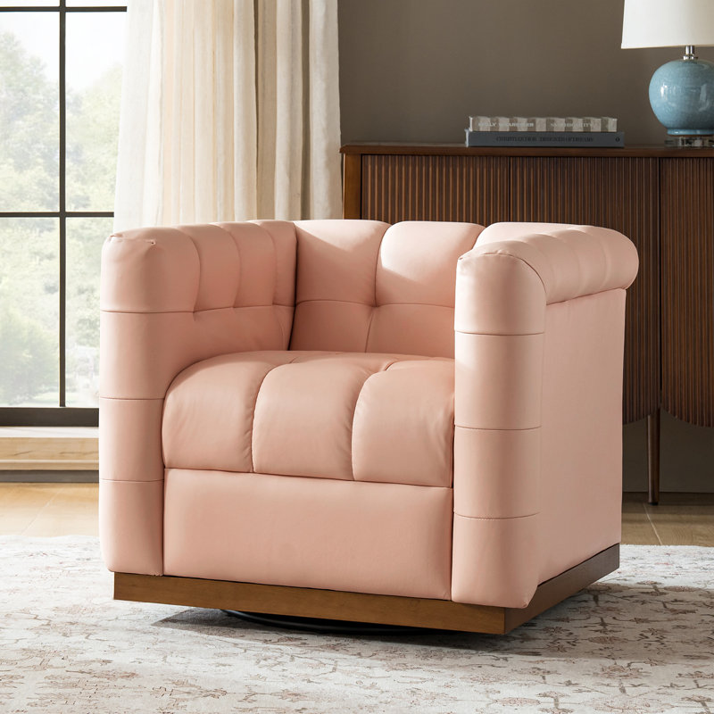 Fauteuil club pivotant carré en cuir véritable Sonika avec cadre en bois massif, Rose