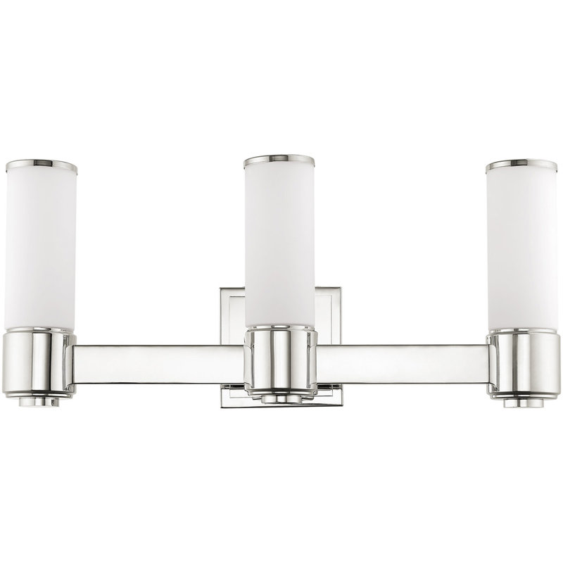 Éclairage pour meuble-lavabo: applique murale 22 po avec 3 lumières et abat-jour en verre blanc., Nickel poli