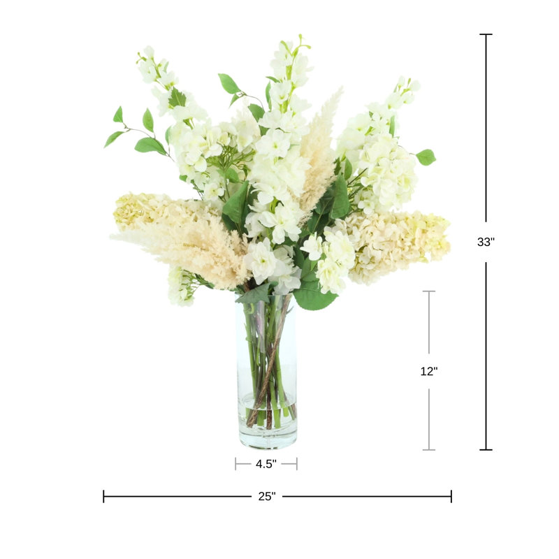 Assorted Hydrangea and Delphinium Arrangement in Glass Vase