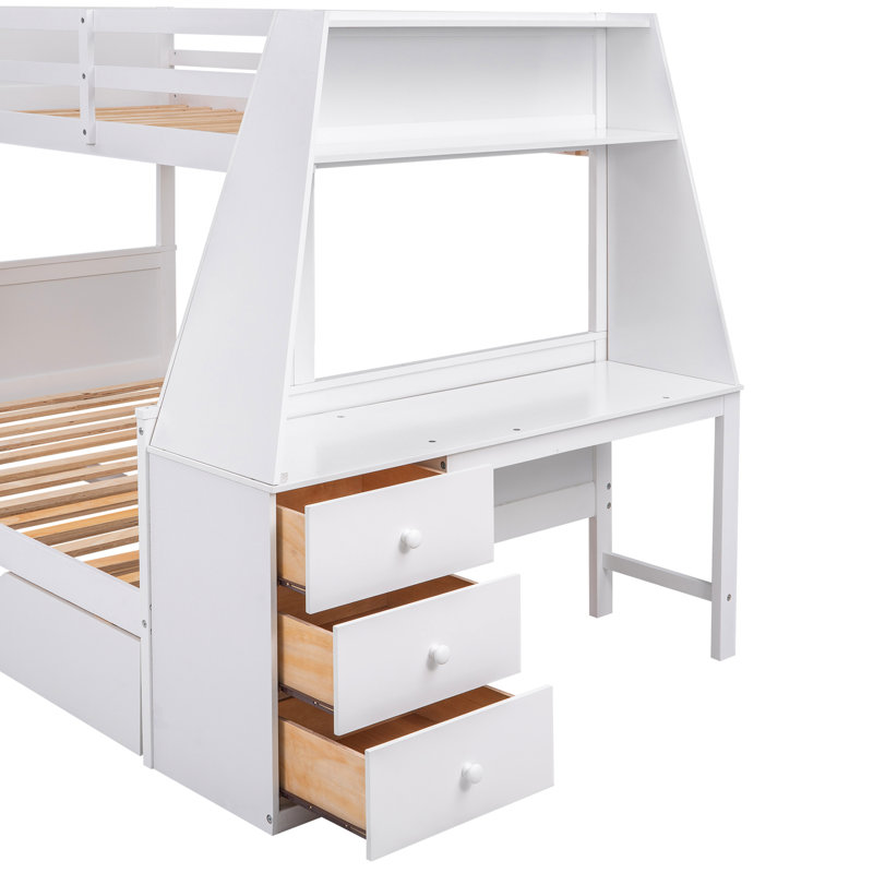 Lit simple superposé au-dessus d'un lit double avec lit gigogne, bureau intégré, blanc - Offre une chambre fonctionnelle pour un sommeil relaxant