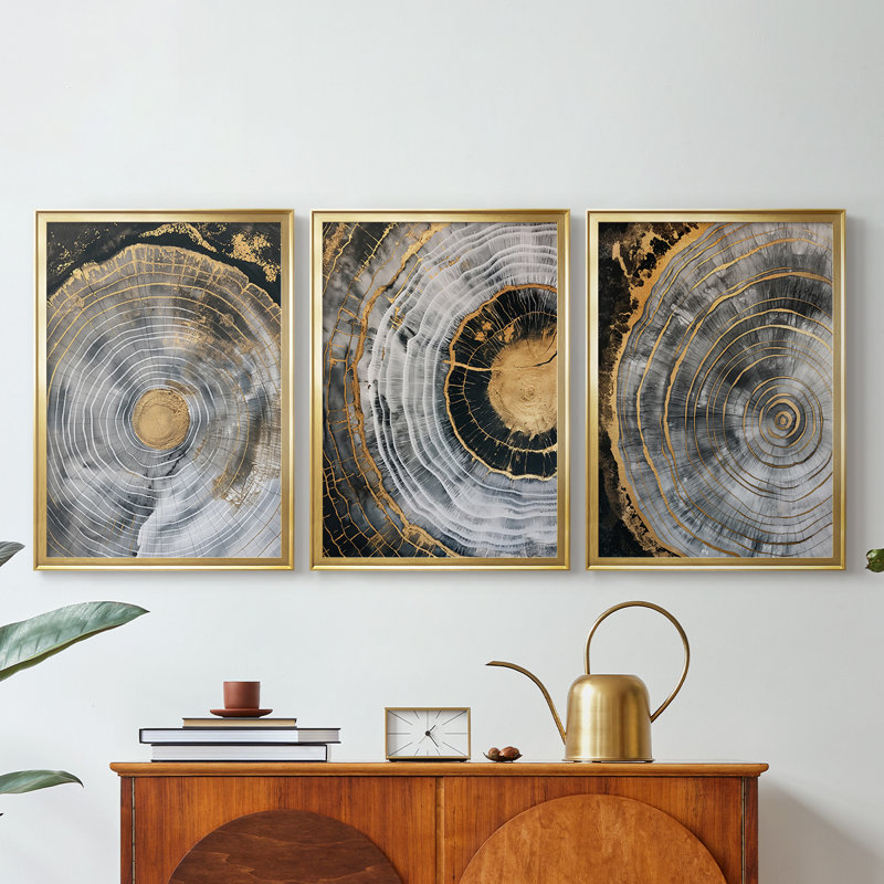 ABSTRACT Series CCXLVII - Toile tendue avec châssis sur mesure - 3 pièces, H 21 po x l 30 po, Doré