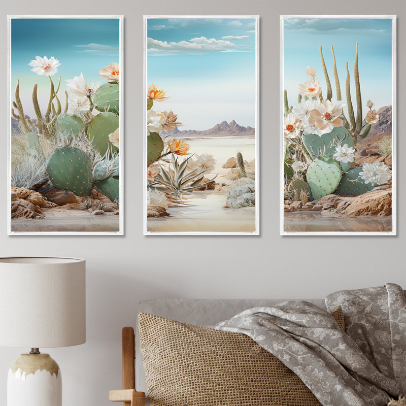 Collage cactus sur la plage - ensemble de décoration murale cactus floral, Cadre flottant blanc, H 40 po x l 60 po x P 1 po
