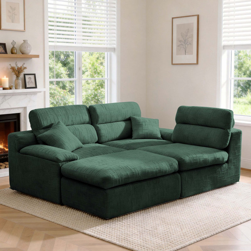 Canapé de coin gris verdâtre avec dossier haut, canapé en chenille flammé en forme de L, coussin en éponge haute densité compressé, conception compacte sans assemblage pour le salon et l’appartement