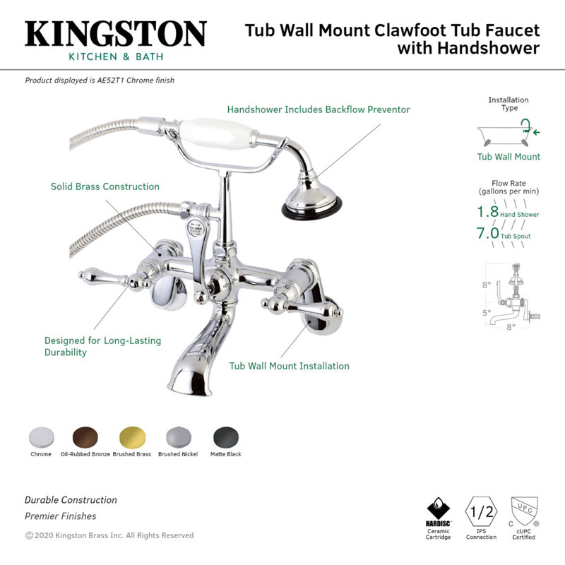 Kingston Brass Aqua Vintage Three-Handle 2-Hole Tub Wall Mount Clawfoot Tub Faucet with Hand Shower, Oil Rubbed Bronze