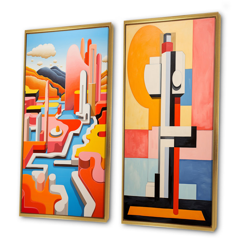 Pastel De Stijl Industrial Geyser - Ensemble de 2 décorations murales Geyser, Encadrement doré, H 40 po x l 41 po