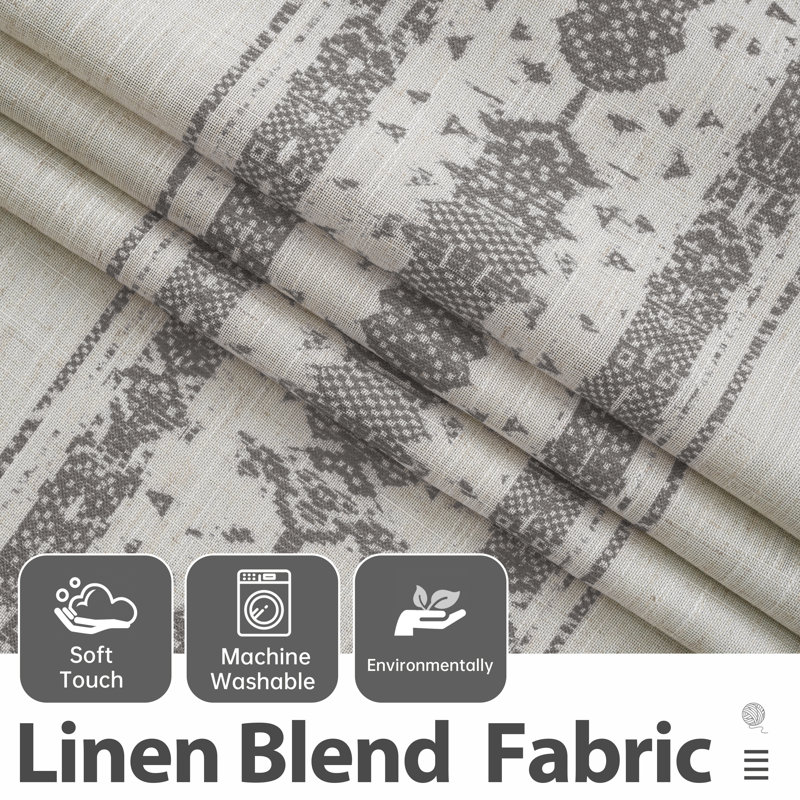 Boho Linen Blackout Curtains Double Layer Thermal Insulated Farmhouse Vintage Retro Printed Trim Pattern Lined Drapes for Living Room Bedroom Back Tab 2 Panels
