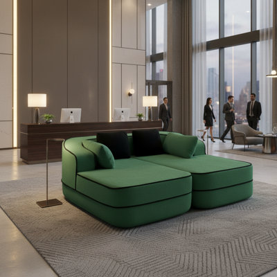 77" Reception Sectional Sofa with Double Chaises, No Assembly Teddy Fabric Seating for Office Lobby & Waiting Areas, Green