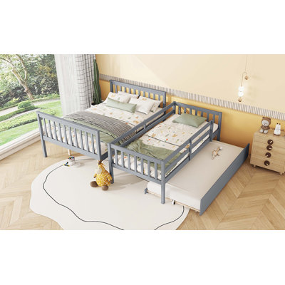 Grey Rubber Wood Twin-Over-Full Bunk Bed With Trundle, Convertible Ladder, Guardrails, And Detachable Design