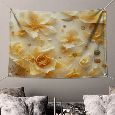 Golden Paper Flowers Wall Tapestry - Floral Wall Decor
