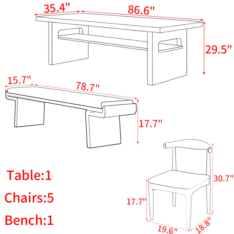 Ensemble de table à manger moderne simple en bois massif noir, H 29,5 po x L 86,6 po x l 35,4 po
