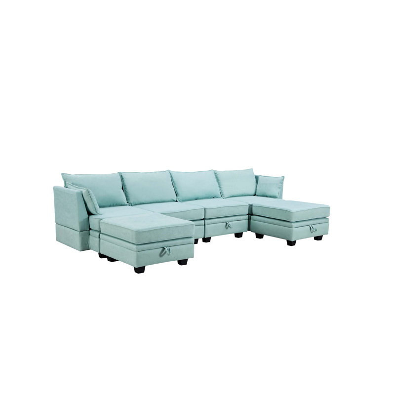 Grand canapé modulaire modulaire en U moderne, canapé-lit convertible avec méridienne réversible, Tissu vert pâle