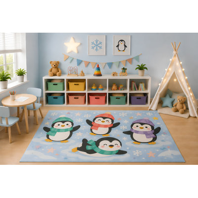 "Ultra Lightweight" 5'x7' Winter Penguin Area Rug for Kids Playroom Nursery Bedroom, Cute Penguins Snowflakes Ice Arctic Cartoon Holiday Decor, Non-Slip Silicone Backing Low Pile