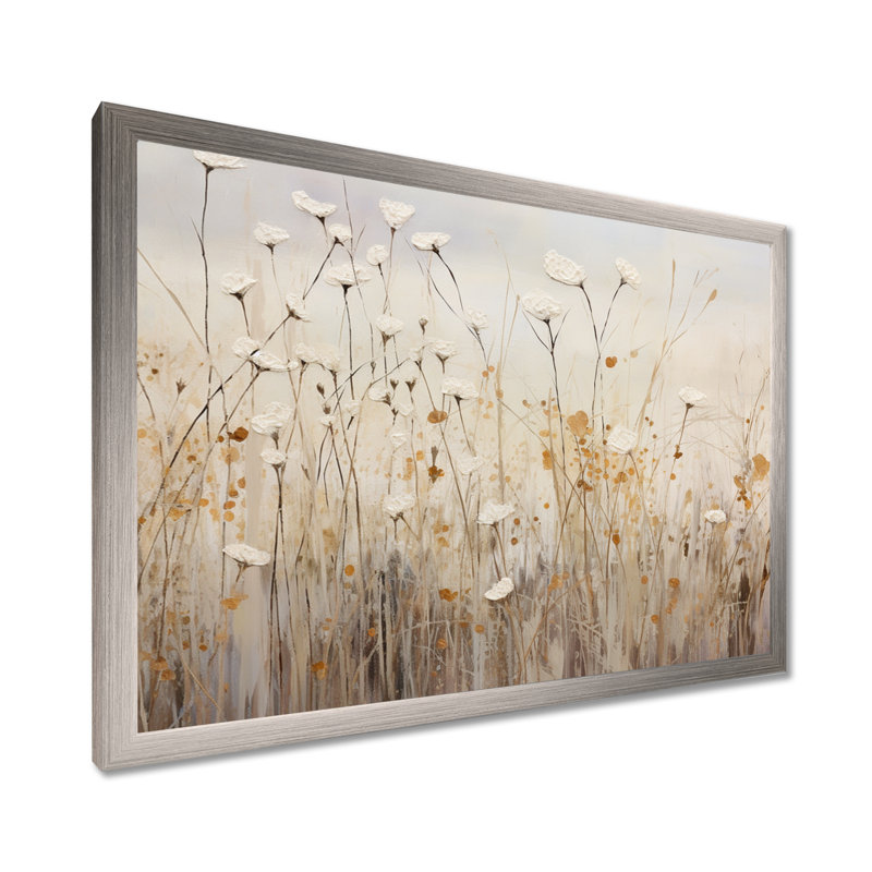 Fleurs sauvages beiges, fantaisie florale - fleurs sauvages beiges, H 16 po x l 32 po, Cadre photo unique, Argent argent