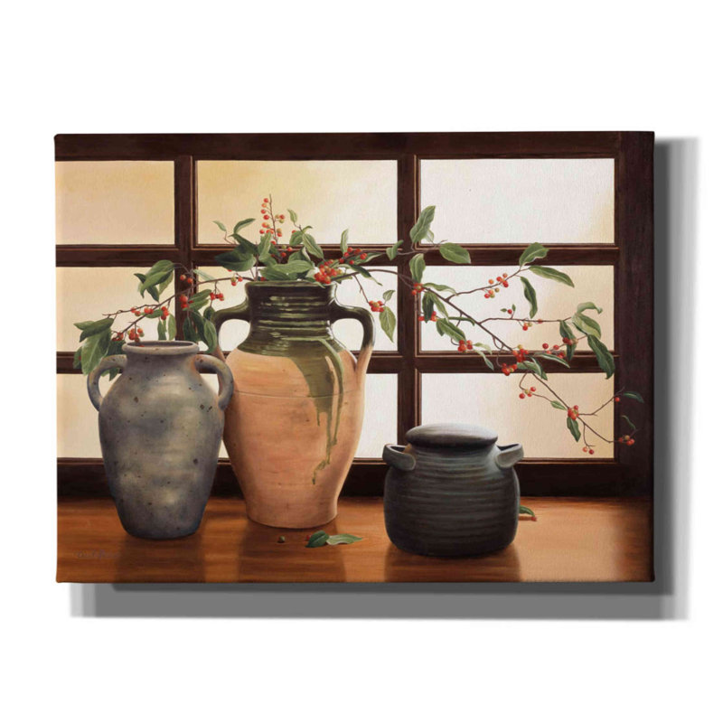 Avais " Olive Jar With Red Berry Branches " by Cecile Baird, 12" H x 16" W x 0.75" D