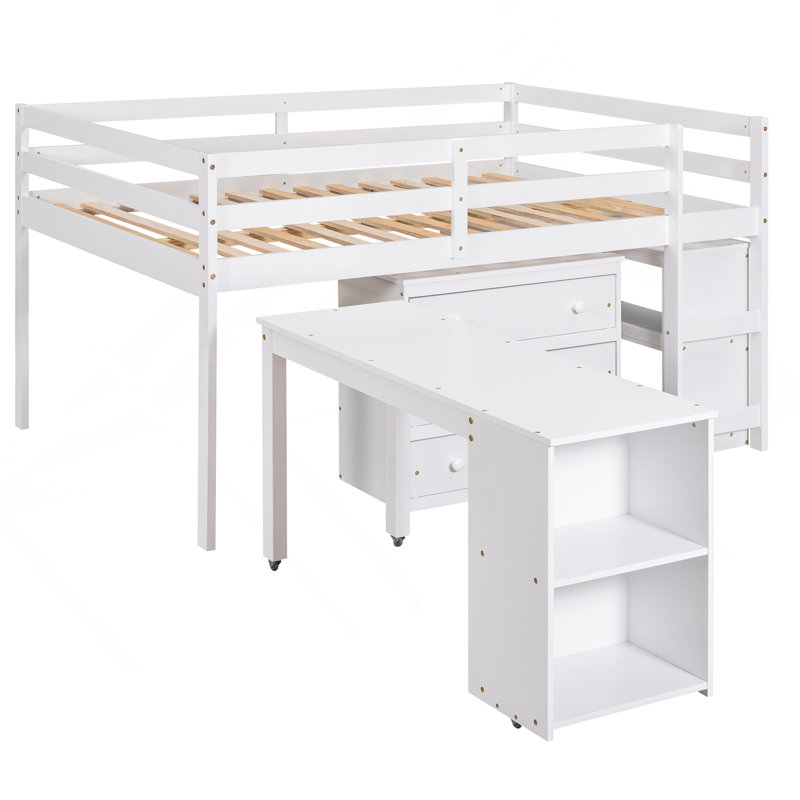 Lit mezzanine double bas avec cabinet, tablettes et bureau portatif à roulettes, lit multifonctionnel, Blanc
