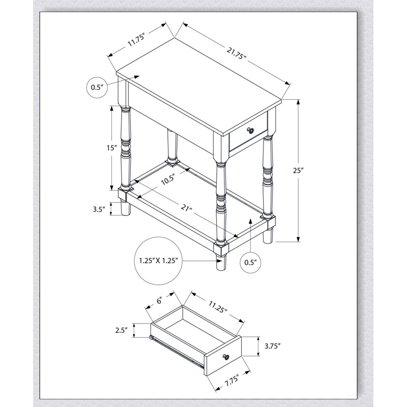Table d'appoint traditionnelle à 2 niveaux avec tiroir de rangement, idéale pour les chambres à coucher et les salons, brun chaud et finition blanc antique